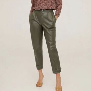 Mango Olive Green Faux Leather Cargo Pants | High Rise Pleated Trouser Size 8